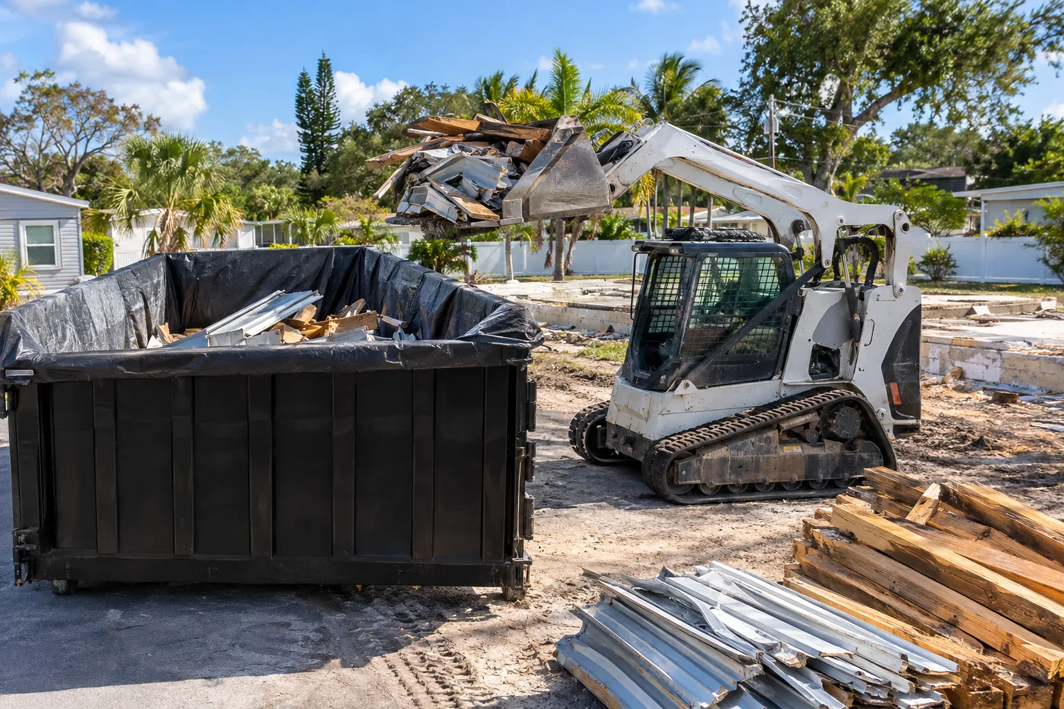 Skid steer loading mobile home debris into a lined container