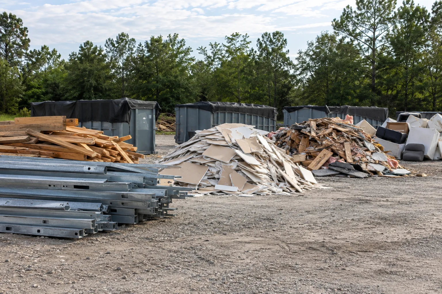 Separated metal, wallboard, and wood demolition materials