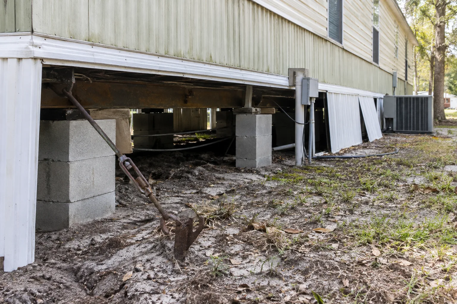 Exposed piers and tie-down hardware beneath a mobile home