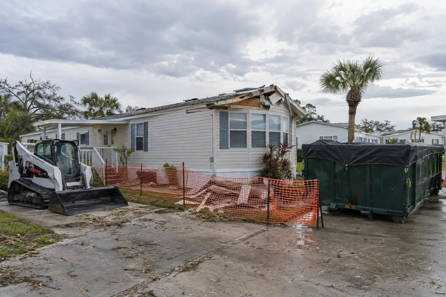 Damaged manufactured home inside a controlled work area